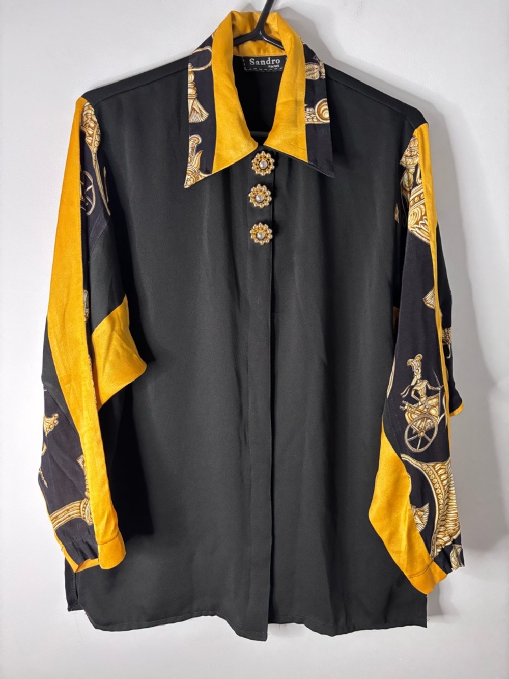 Sandro Black and Gold Satin Button-Down Blouse - Picture 2 of 9